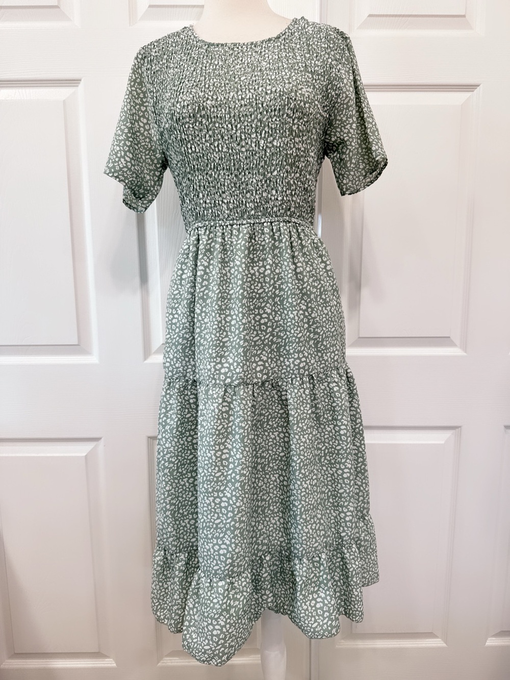 Polagram Sage Green Smocked Midi Dress with White Spot Print